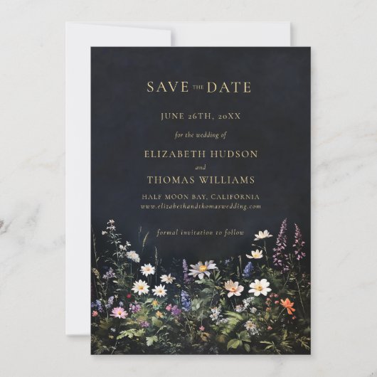Moody Dark Elegant Romantic Wildflowers Wedding Save The Date (Voorkant)