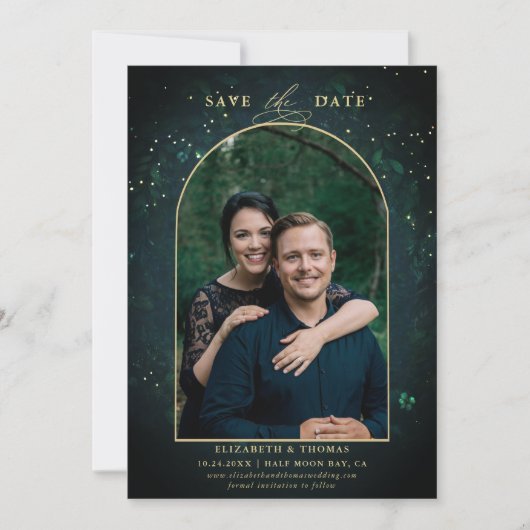 Moody Dark Enchanted Forest Arch Fotobruiloft Save The Date (Voorkant)