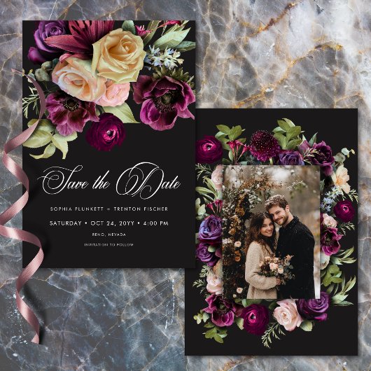 Moody Dark Floral Black Burgundy Romantic Photo Save The Date