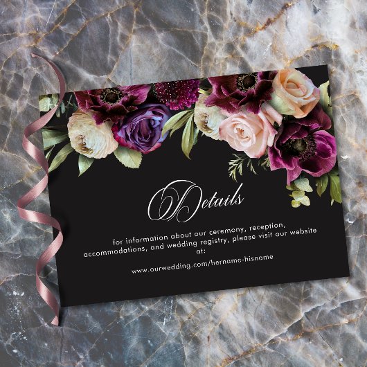 Moody Dark Floral Black Burgundy Romantic Wedding Informatiekaartje