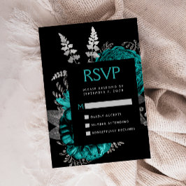 Moody Dark Floral Blauwgroen Silver Wedding RSVP Informatiekaartje
