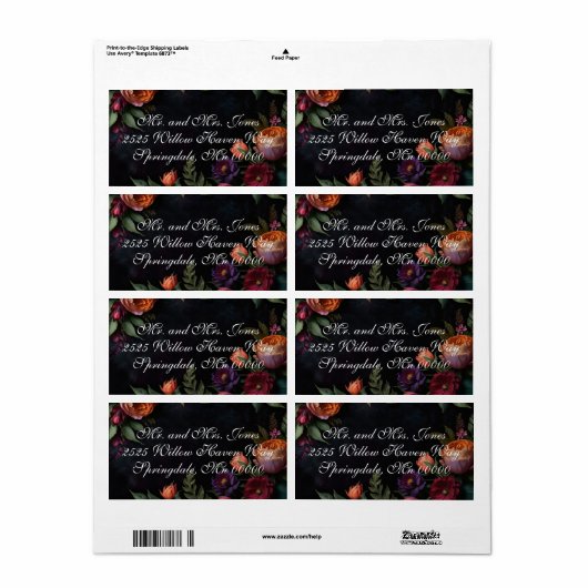  Moody Dark Floral Boho rozen Etiket (Full Sheet)