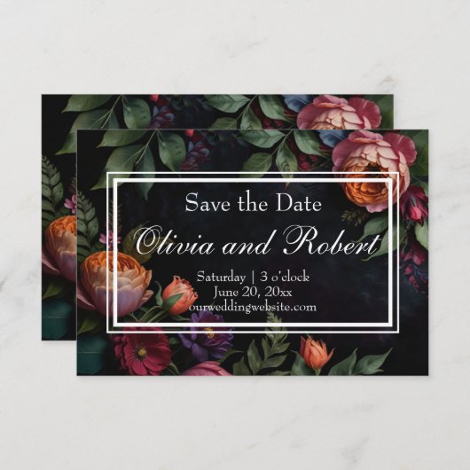  Moody Dark Floral Boho rozen Save The Date (Voorkant / Achterkant)