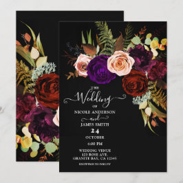 Moody Dark Floral Greenery Bold Color Chic Wedding Kaart
