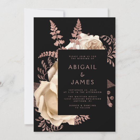 Moody Dark Floral Ivoor Roos Gold QR Code Wedding Kaart (Voorkant)