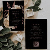 Moody Dark Floral Ivoor Roos Gold QR Code Wedding Kaart