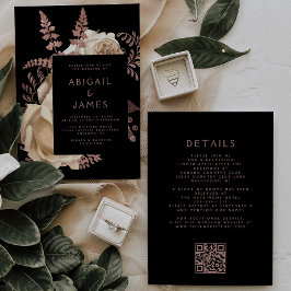 Moody Dark Floral Ivoor Roos Gold QR Code Wedding Kaart