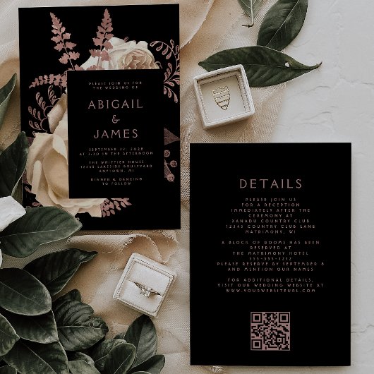 Moody Dark Floral Ivoor Roos Gold QR Code Wedding Kaart
