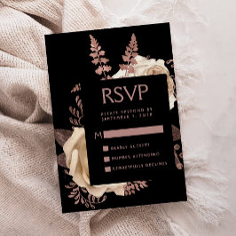 Moody Dark Floral Ivoor Roos Gold Wedding RSVP Informatiekaartje