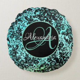 Moody Dark Floral op Turquoise Monogram Rond Kussen
