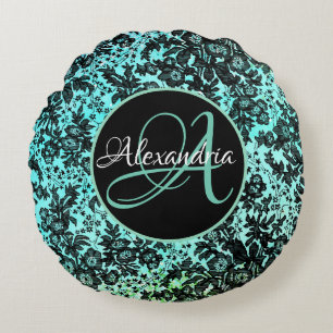 Moody Dark Floral op Turquoise Monogram Rond Kussen