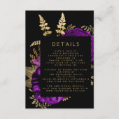 Moody Dark Floral Paarse Gold Wedding Details Informatiekaartje (Voorkant)