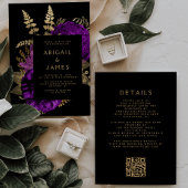 Moody Dark Floral Paarse Goud QR Code Huwelijk Kaart