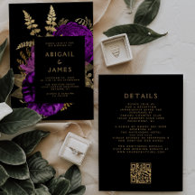 Moody Dark Floral Paarse Goud QR Code Huwelijk