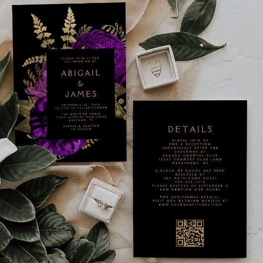 Moody Dark Floral Paarse Goud QR Code Huwelijk Kaart