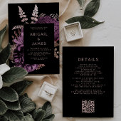 Moody Dark Floral Paarse Roos Gold QR Code Huwelij Kaart