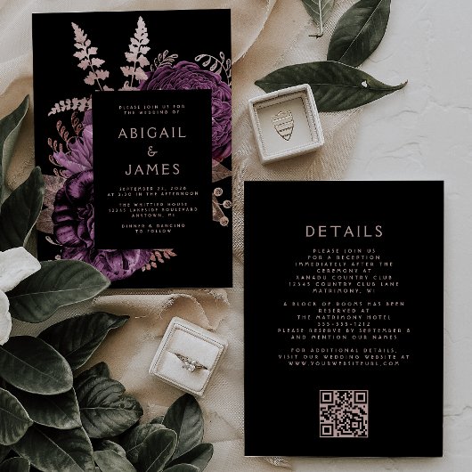 Moody Dark Floral Paarse Roos Gold QR Code Huwelij Kaart