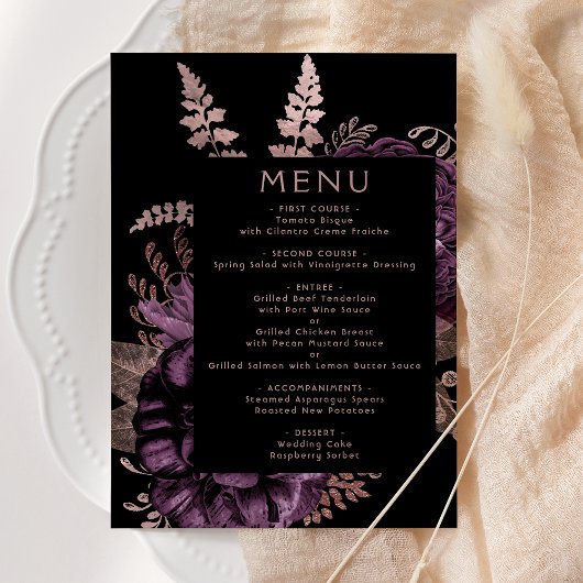 Moody Dark Floral Paarse Roos gouden bruiloft Menu