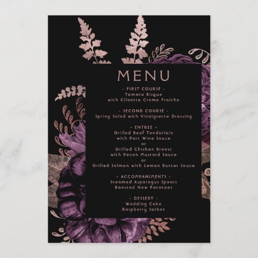 Moody Dark Floral Paarse Roos gouden bruiloft Menu (Voorkant)