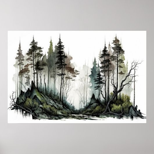 Moody Dark Forest Waterverf Poster (Voorkant)