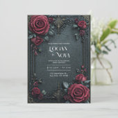 Moody Dark Gothic Burgundy Rose Ornate Wedding Kaart (Staand voorkant)