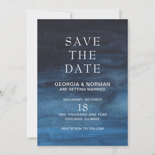 Moody Dark Navy Blue Waterverf Fall Wedding Save The Date (Voorkant)