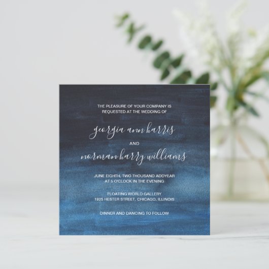 Moody Dark Navy Blue Waterverf Wash Weddenschap Kaart (Staand voorkant)