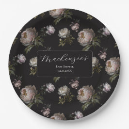 Moody Dark Peony Floral Baby Shower Papieren Bordje