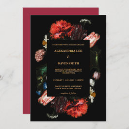 Moody Dark Red Floral Black - Aangepast huwelijk Kaart