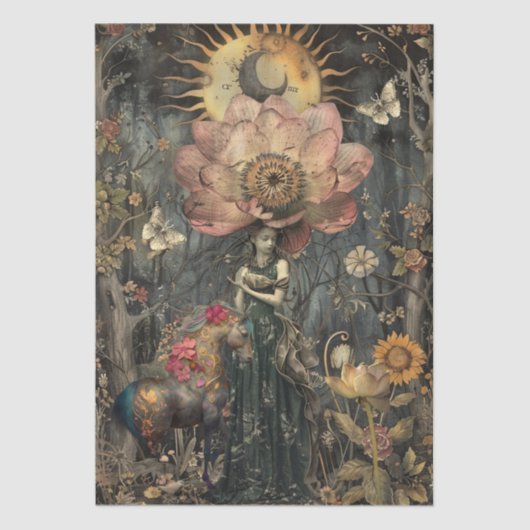 Moody Dark Rustic Fantasy Garden Girl Decoupage  Tissuepapier (Voorkant)