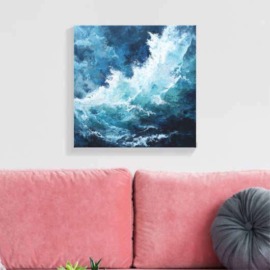 Moody Deep Blue Sea | Expressionist Impasto Wave Canvas Afdruk (Insitu (Woonkamer))