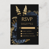 Moody Donker Bloemen Navy Blauw Goud Bruiloft RSVP Informatiekaartje (Voorkant)