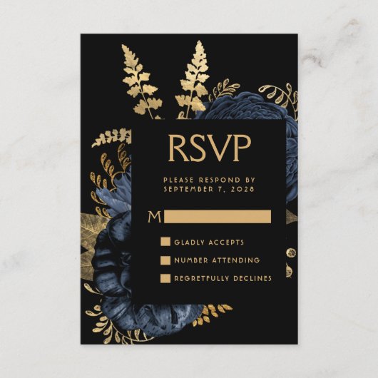 Moody Donker Bloemen Navy Blauw Goud Bruiloft RSVP Informatiekaartje (Voorkant)