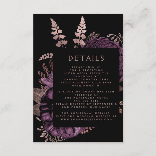 Moody Donker Bloemen Paarse Roos Gouden Bruiloft D Informatiekaartje (Voorkant)