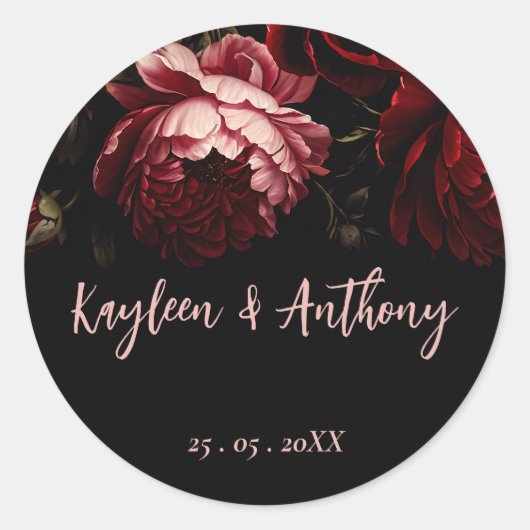 Moody donker  bloemenbruiloft ronde sticker (Voorkant)