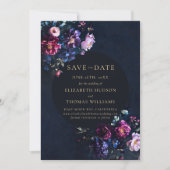 Moody Donker Elegant Bloemen Navy Foto Bruiloft Save The Date (Voorkant)