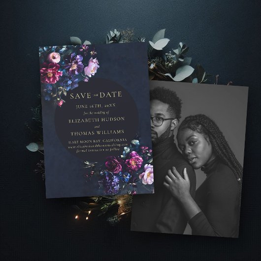 Moody Donker Elegant Bloemen Navy Foto Bruiloft Save The Date