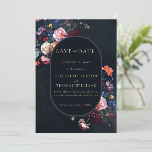 Moody Donker Elegant Romantisch Bloemen Ovaal Brui Save The Date (Staand voorkant)