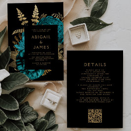 Moody Donkere Bloemen Turquoise Goud QR Code Huwel Kaart