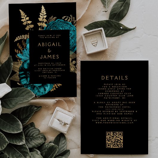 Moody Donkere Bloemen Turquoise Goud QR Code Huwel Kaart