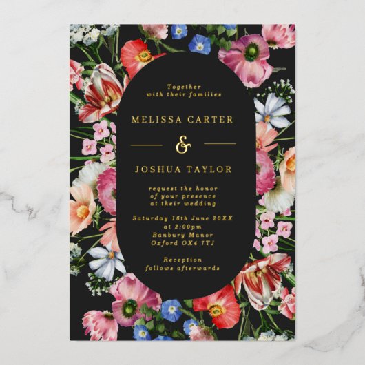 Moody Dutch Floral Burst Lijst Wedding Gold Folie Uitnodiging (Voorkant)