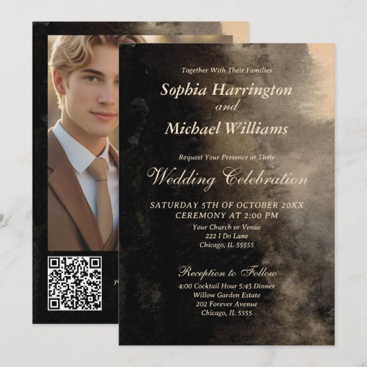 Moody Elegance Wedding Invitation Sjabloon digitaa Kaart (Voorkant / Achterkant)