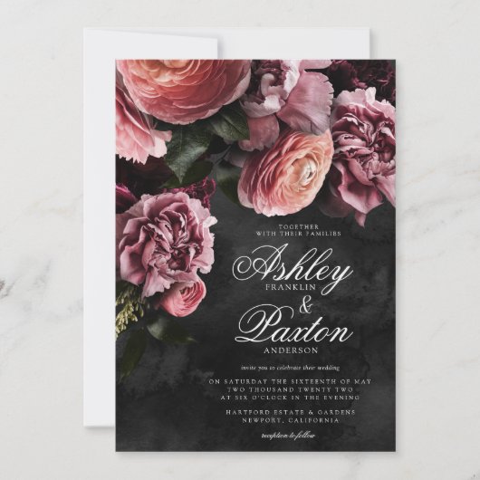 Moody Elegant Pink | Floral Bouquet op Black Invit Kaart (Voorkant)
