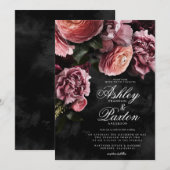 Moody Elegant Pink | Floral Bouquet op Black Invit Kaart (Voorkant / Achterkant)