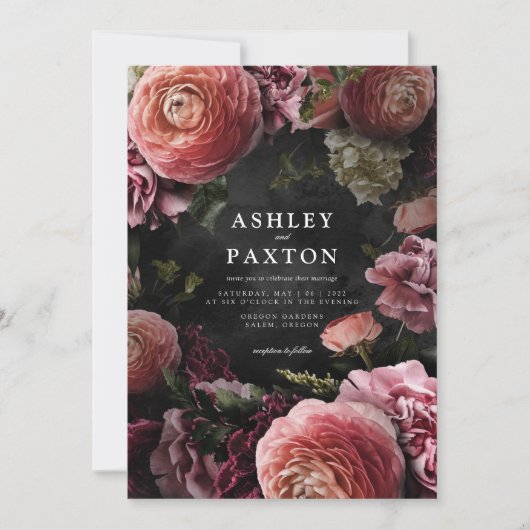 Moody Elegant Pink | Floral Bouquet op Black Invit Kaart (Voorkant)