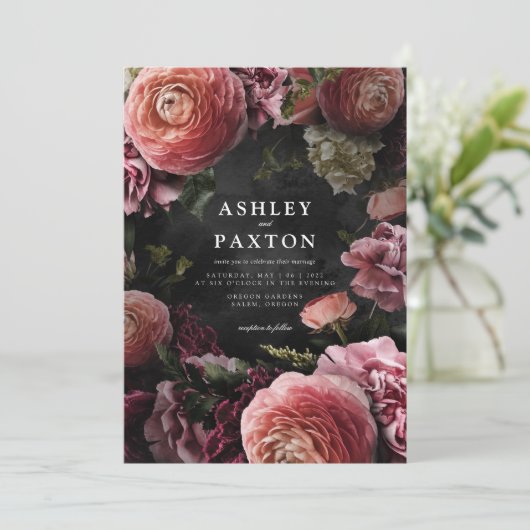Moody Elegant Pink | Floral Bouquet op Black Invit Kaart (Staand voorkant)