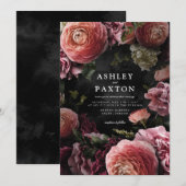 Moody Elegant Pink | Floral Bouquet op Black Invit Kaart (Voorkant / Achterkant)