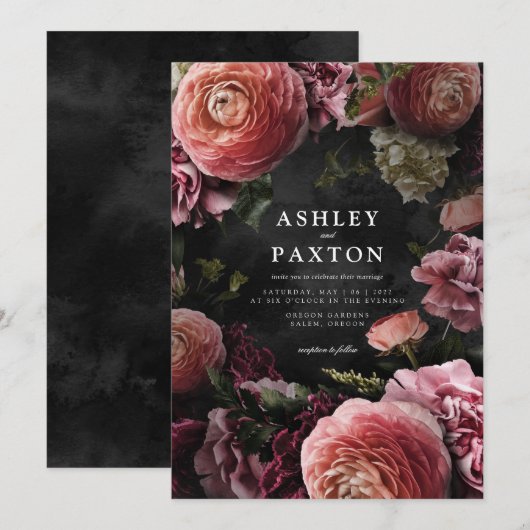 Moody Elegant Pink | Floral Bouquet op Black Invit Kaart (Voorkant / Achterkant)