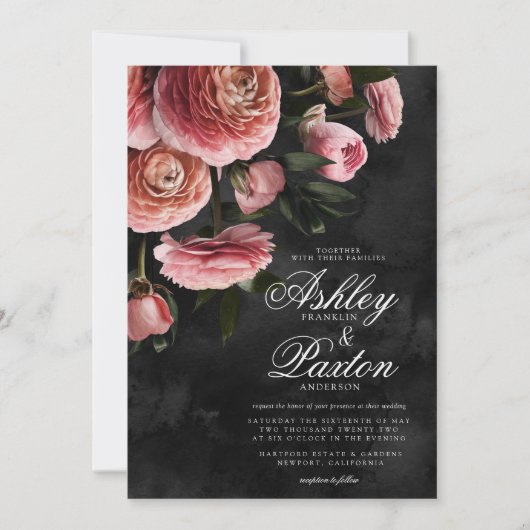 Moody Elegant Pink | Floral Bouquet op Black Invit Kaart (Voorkant)