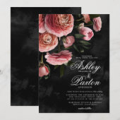 Moody Elegant Pink | Floral Bouquet op Black Invit Kaart (Voorkant / Achterkant)